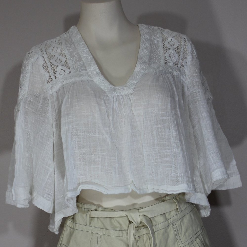 Free People White Lace Cotton Women's Oversize Blouse 3/4 Sleeve  Size XS/TP
